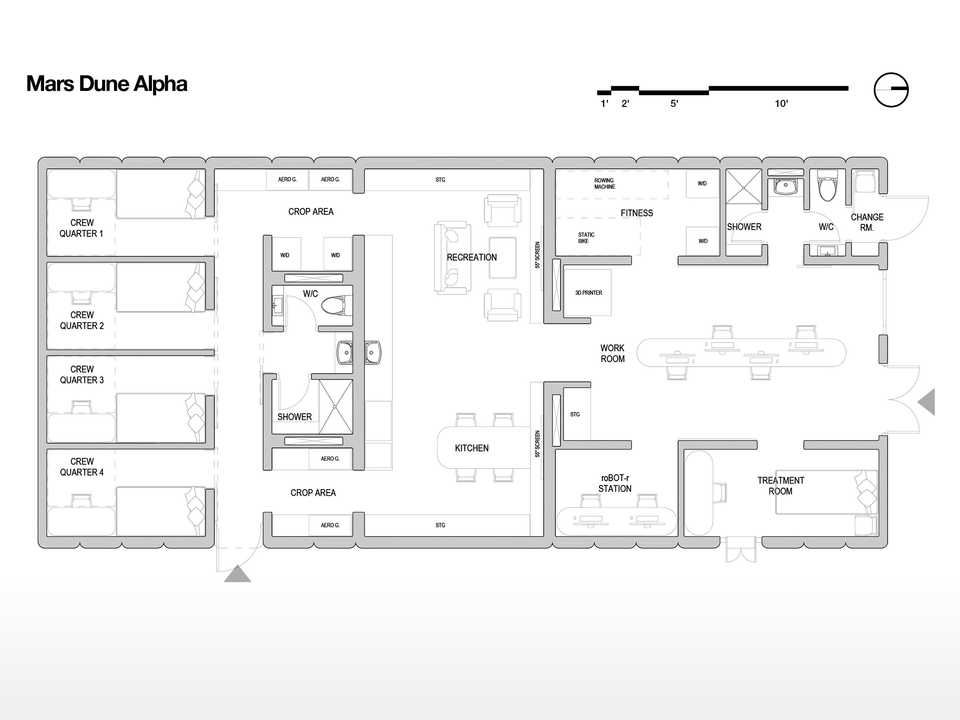 Mars Dune Alphaのレイアウト。個人用の4部屋から、生活空間、仕事空間まできちんと分かれてデザインされている。