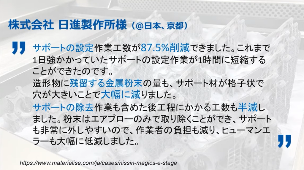 日清制作所の事例。造形物に残量する機会粉末も減り、工数も半減した。
