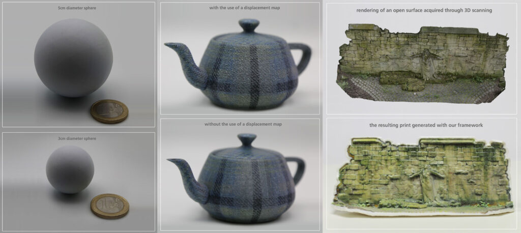 3点の写真それぞれ、上が論文の手法を用いた高解像度・高精度の造形物、下が従来の材料噴射式での造形物。論文の手法を用いた造形物の方がテクスチャなどの細かい部分が表現されている。