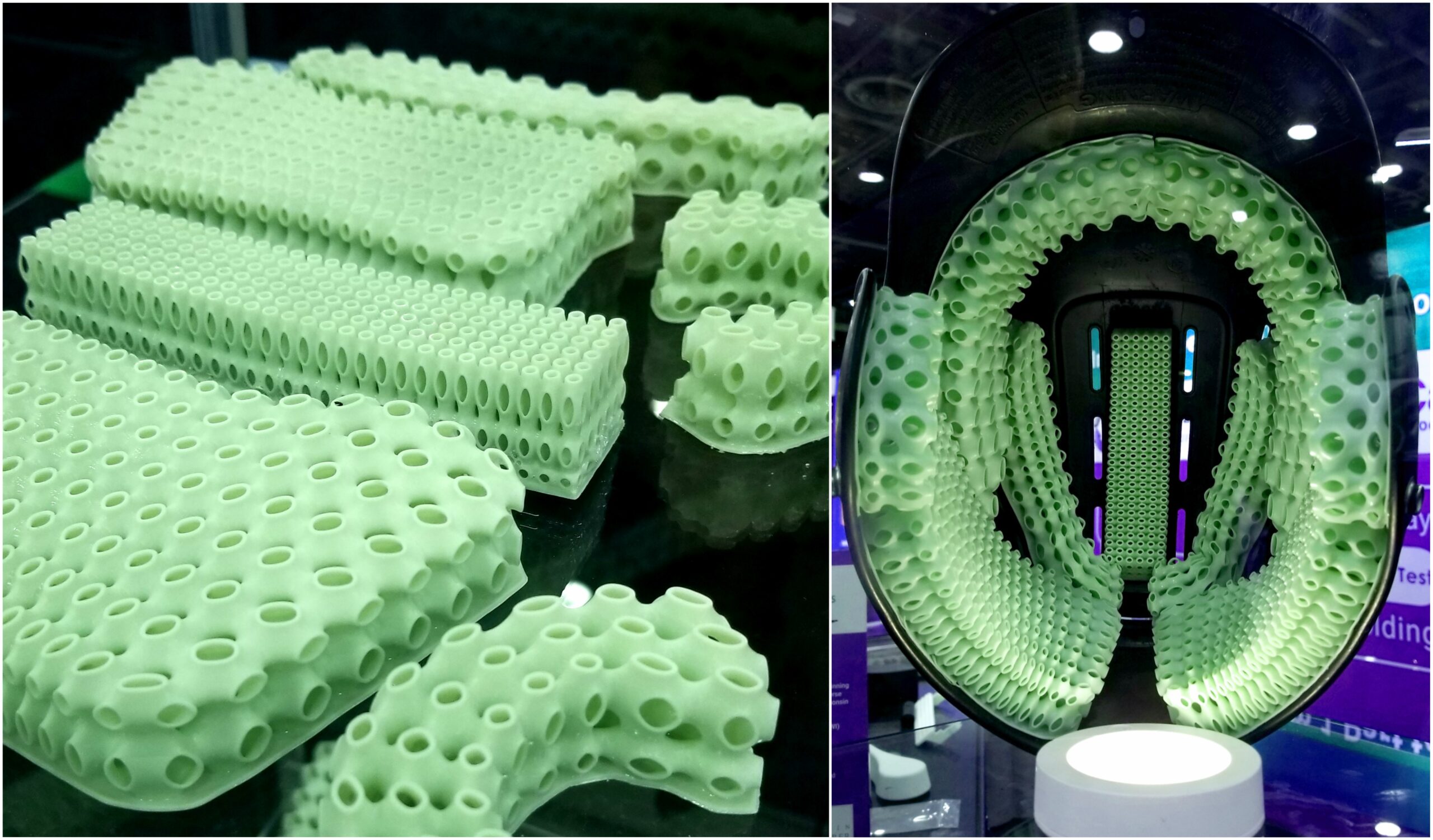 能力を実証の目的で3作製された3Dプリント格子パッドを備えた野球用ヘルメット。スポンジ状の印刷物がヘルメットの内側に装着されている。