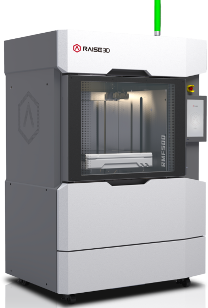 Raise3D社のRMF500灰色の大きな箱。工業的な見た目の中にどこか洗練された印象を受ける
