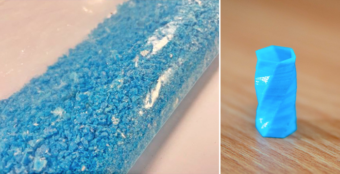 左は、マスクから得られた粒状物。右は、開発した材料を3Dプリントした部品-出典：Bristol大学