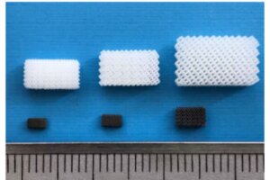 3Dプリンターで硬化させた樹脂（上段）を炭化させて負極材料（下段）を作製　出展：東北大学
