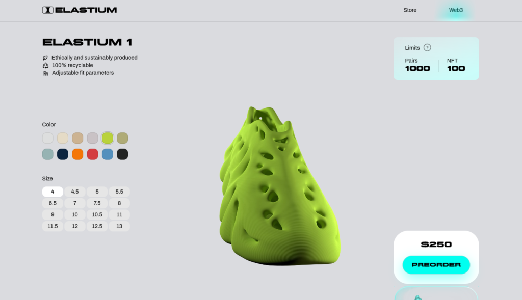 オンライン上で色やサイズを選択できるクロックスを強く意識した3Dプリントシューズ (出典: ELASTIUM社)