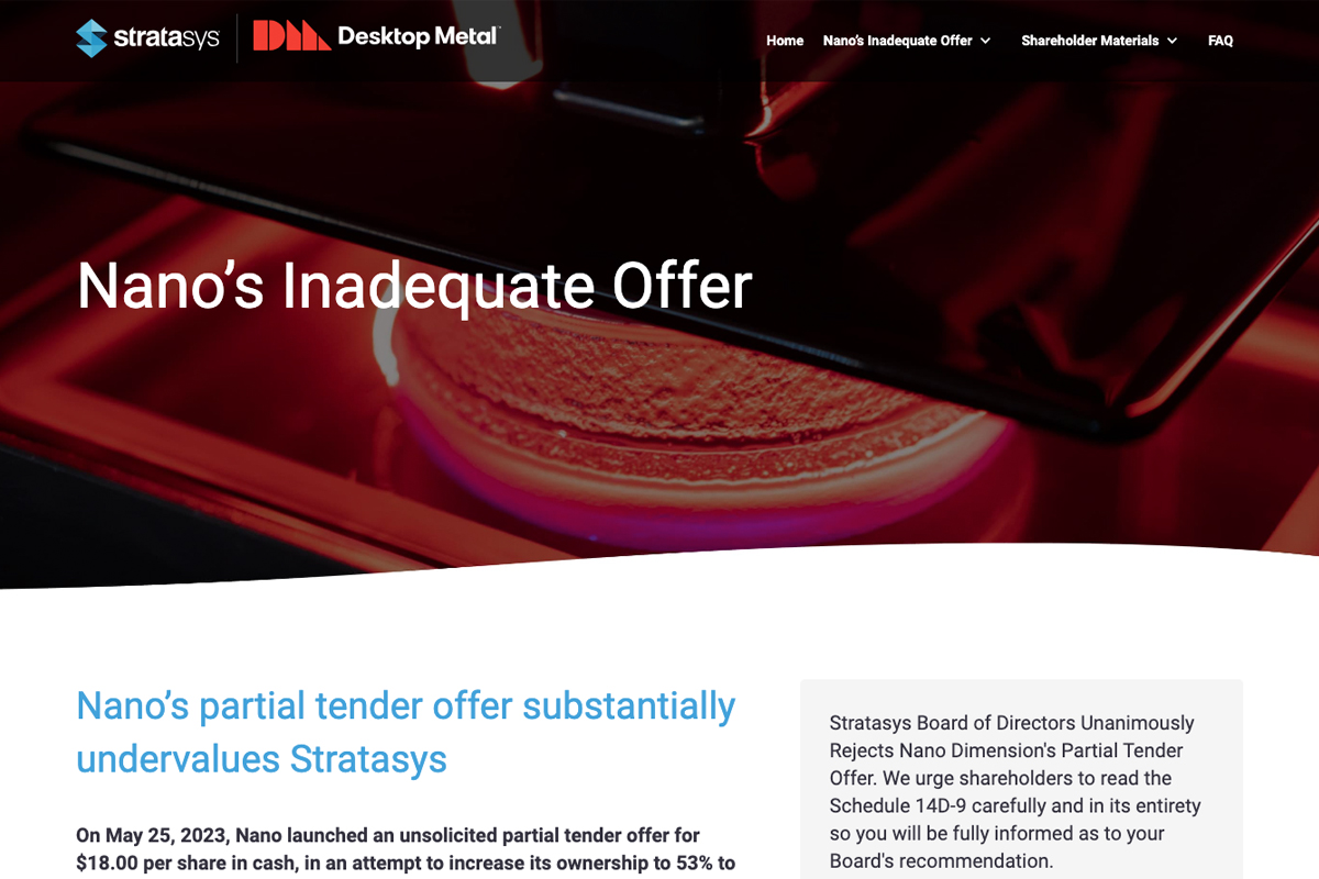 Nanodimensionの買収提案を批判的に解説するStratasysの特設ページ。