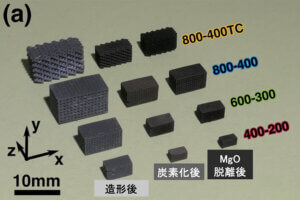 造形後・炭素化後・MgOナノ粒子脱離後の各段階での試料の外観
