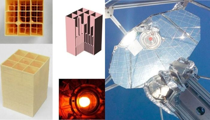 3Dプリントされたセラミック構造（左）と太陽炉（右）
