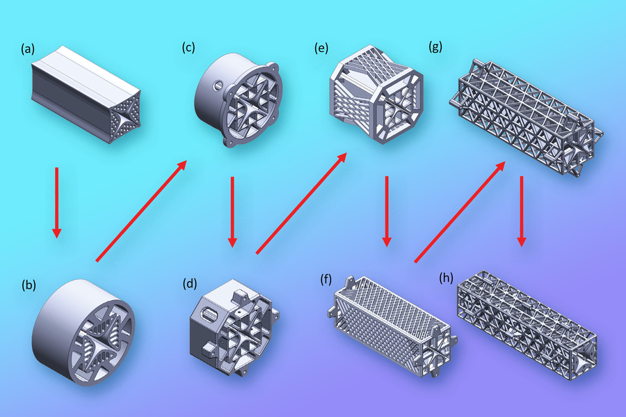 3Dプリンターの造形の自由さを活用して(h)に到達する前に、さまざまな四重極フィルターが多数作成された