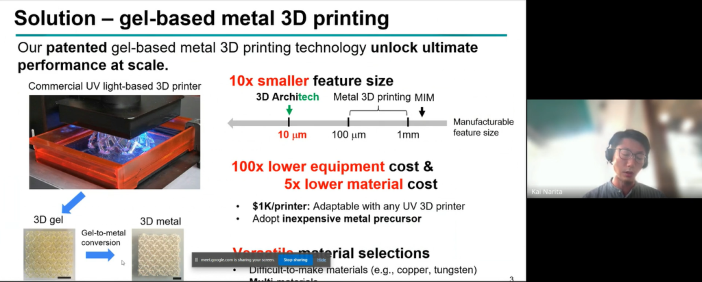 既存の光造形方式の3Dプリンターで造形できる新材料でゲル構造体を作り専用溶液に付け込むことでゲルから金属を作ることが可能(成田氏)